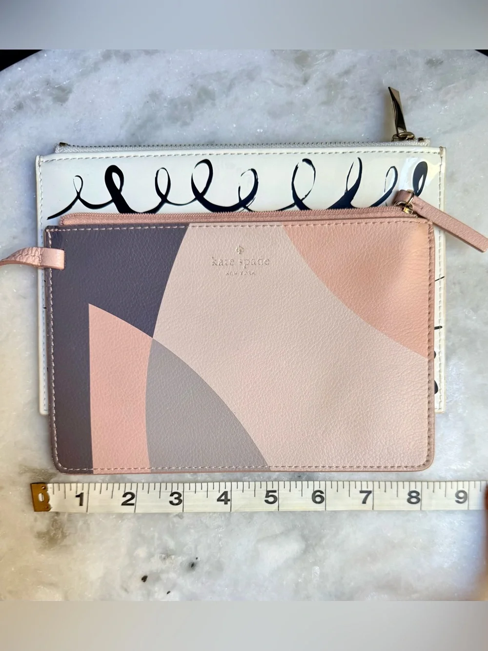 Kate Spade Zip Pouch Set of 2 - Geometric Leather Wristlet & Printed Clutch